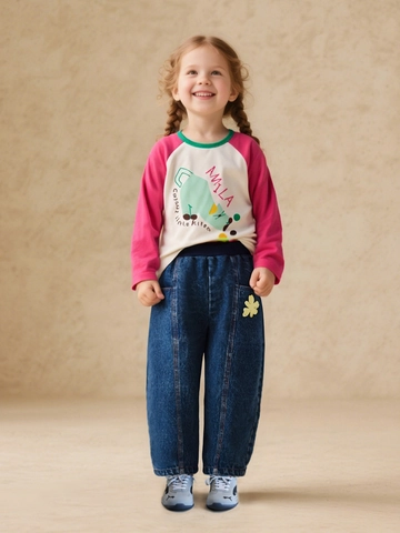 Amila Kinder Mädchen Weites Bein Denim Jeans Blumenpatch Elastischer Bund Baumwolle Polyester Herbst Hose Blau Schwarz