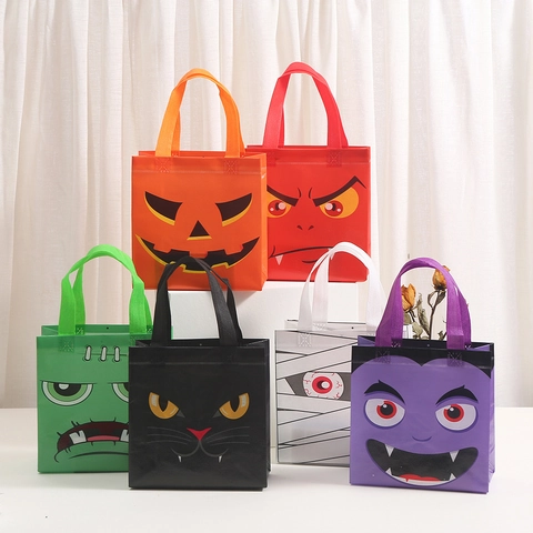 Halloween Non-Woven Polyester Fabric Gift Bag Ghost Face Pumpkin Monster Print Handbag Portable Party Favor Shopping Candy Bag