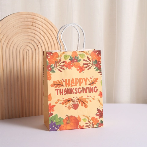 Sacchetti Regalo per Festa del Ringraziamento in Carta Kraft Con Manici Regali di Festa Zucca Tacchino Foglia di Acero Stampe Festive