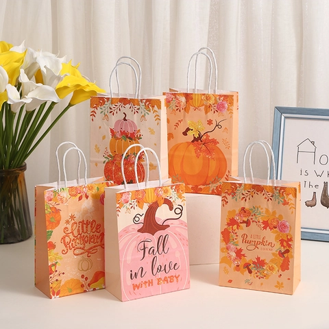 Pumpkin Thanksgiving Gift Bags Fall Harvest Floral Pattern Cardboard Party Favor Bags With Handles For Baby Shower Birthday