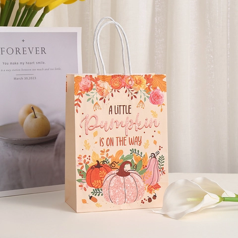 Pumpkin Thanksgiving Gift Bags Fall Harvest Floral Pattern Cardboard Party Favor Bags With Handles For Baby Shower Birthday