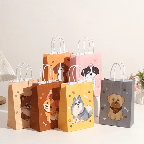 Bolsas de Regalo de Papel Kraft de Perro de Dibujos Animados Con Asas Lindo Patrón de Animales Bolsas de Embalaje de Papel para Regalos de Fiesta de Cumpleaños