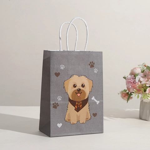 Bolsas de Regalo de Papel Kraft de Perro de Dibujos Animados Con Asas Lindo Patrón de Animales Bolsas de Embalaje de Papel para Regalos de Fiesta de Cumpleaños