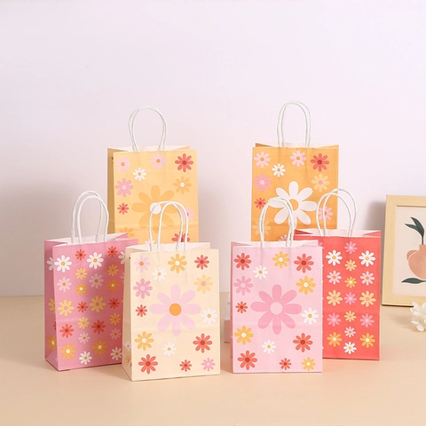 Bolsas De Regalo De Papel Con Flores De Margarita Y Asas Trenzadas Embalaje De Cartulina Para Cumpleaños Boda Fiesta