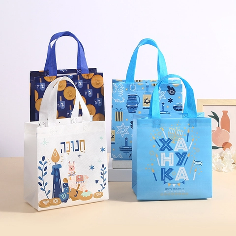 Hanukkah Non-Woven Gift Bag Reusable Festival Shopping Bag With Handle Dreidel Menorah Star Of David Pattern Party Favor