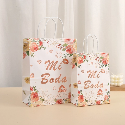 Borse Regalo Matrimonio Spagnolo Mi Boda Floreale Lamina Oro Rosa Carta Kraft Borse per Ospiti Matrimonio Souvenir