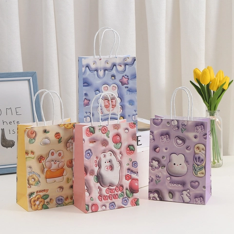 Borsa Regalo in Carta Kraft con Coniglio dei Cartoni Animati Illustrazione 3D Borsa a Mano per Festa di Compleanno Bambini