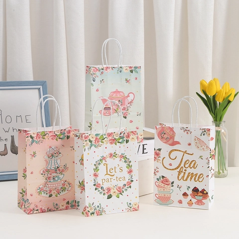 Bolsas de Regalo de Cumpleaños de Papel Kraft Creativas Con Asas Tema de Té de la Tarde Floral Bolsa de Embalaje de Dulces