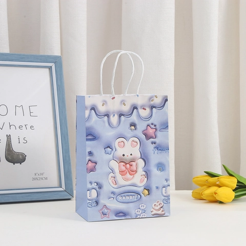 Borsa Regalo in Carta Kraft con Coniglio dei Cartoni Animati Illustrazione 3D Borsa a Mano per Festa di Compleanno Bambini