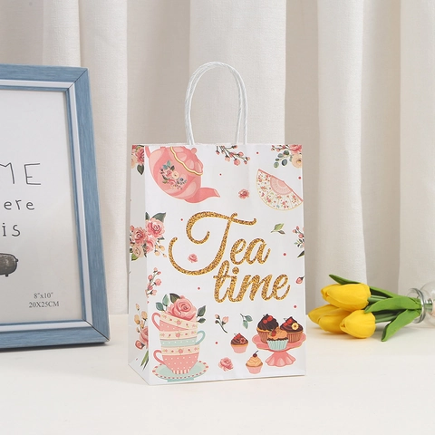Bolsas de Regalo de Cumpleaños de Papel Kraft Creativas Con Asas Tema de Té de la Tarde Floral Bolsa de Embalaje de Dulces