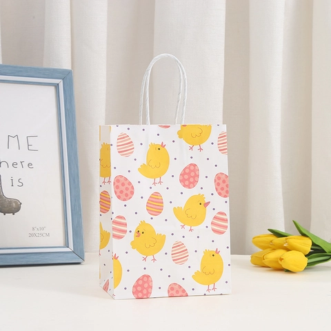 Happy Easter Kraft Paper Gift Bags With Handles Cartoon Bunny Chick Pattern Festive Party Favor Treat Bags For Kids