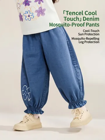 Girls Tencel Lyocell Denim Mosquito Pants Cooling Summer Breathable Ruffle Cuff Floral Embroidery Trousers For Outdoor Daily Wear Casual Lightweight Pants