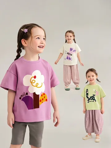Girls Summer Short Sleeve T-Shirt Cute Cartoon Animal Flower Print Ice Porcelain Cotton Breathable Kids Casual Top