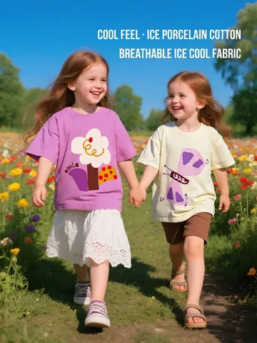 Girls Summer Short Sleeve T-Shirt Cute Cartoon Animal Flower Print Ice Porcelain Cotton Breathable Kids Casual Top
