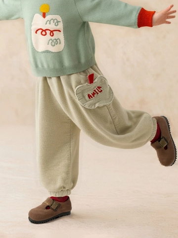Kids Girls Casual Corduroy Pants With Apple Shape Pocket Soft Cotton Blend Joggers Trousers For Autumn Spring