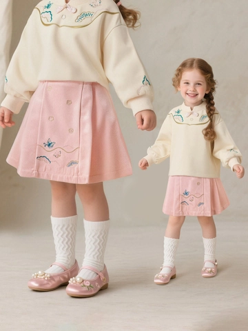 Girls New Chinese Style Pleated Skirt Embroidery Flower Bird A-Line Short Skirt Toddler Kids Gentle Vintage Pink Beige
