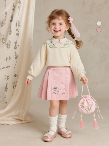 Girls New Chinese Style Pleated Skirt Embroidery Flower Bird A-Line Short Skirt Toddler Kids Gentle Vintage Pink Beige
