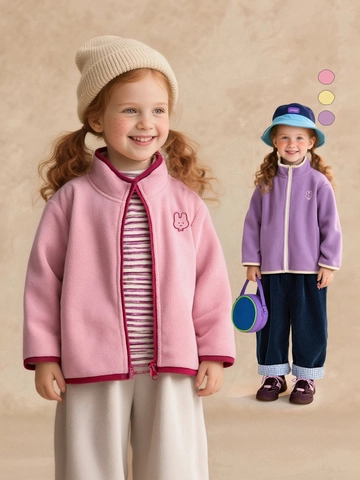 Kids Girls Polar Fleece Jacket Winter Stand Collar Warm Contrast Color Bunny Embroidery Casual Outerwear Coat