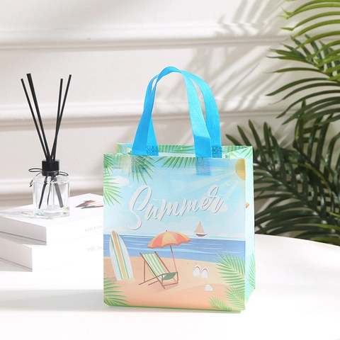 Bolsa de Mano de Tela no Tejida con Tema de Playa de Verano Bolsa de Regalo Plegable Portátil para Almacenamiento de Fiestas