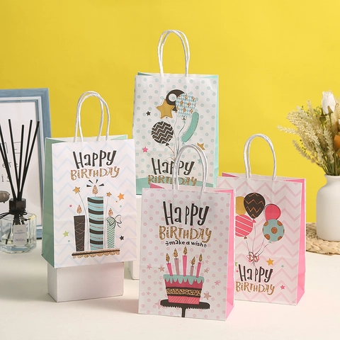Sacchetto Regalo Happy Birthday Con Manico in Corda Intrecciata Sacchetto di Carta Stampata per Bomboniere Design Palloncini Torta Confezione Regalo Multistile