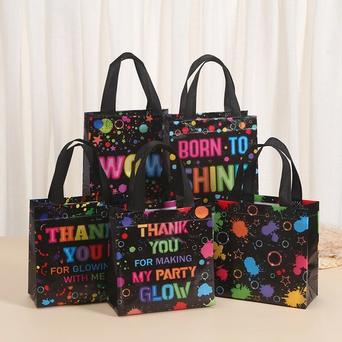 Sacchetto Regalo Neon Glow Party in Tessuto Non Tessuto Laminato Con Motivo a Spruzzo Borsa a Mano per Festa di Compleanno