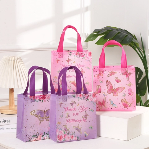 Butterfly Rose Print Non-woven Gift Bag Waterproof Portable Floral Handheld Tote For Wedding Birthday Party Packaging