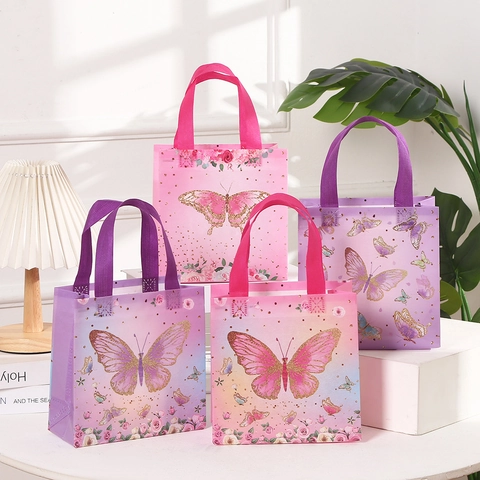 Butterfly Rose Print Non-woven Gift Bag Waterproof Portable Floral Handheld Tote For Wedding Birthday Party Packaging
