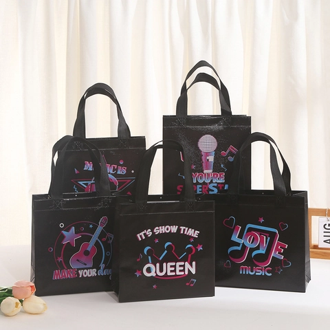 Schwarze Vliesstoff Geschenktüten Mit Neon Musik Mustern Für Geburtstag Party Tragbare Aufbewahrung Shopping Tote Taschen