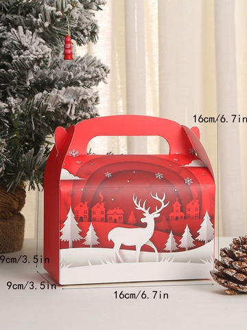 Boîte Cadeau de Noël Rouge Emballage en Carton Portatif Bonbons Muffin Renne Bonhomme de Neige Père Noël Motif Fête