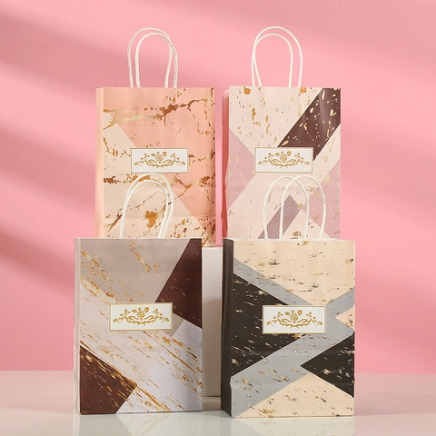 Bolsas de Regalo de Papel Kraft con Patrón de Mármol Con Asas Patchwork Geométrico Decoración de Rosa en Papel de Oro Bolsas para Fiesta de Cumpleaños Boda