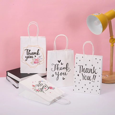 Sacs Cadeaux en Papier Blanc Thank You Avec Poignées Motif Fleurs Coeur Pois Sac à Main Portable pour Mariage Anniversaire Fête