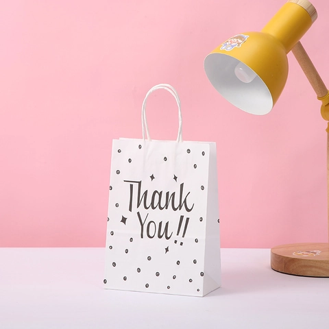 Sacs Cadeaux en Papier Blanc Thank You Avec Poignées Motif Fleurs Coeur Pois Sac à Main Portable pour Mariage Anniversaire Fête