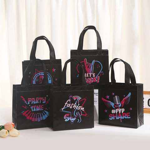 Bolsas de Regalo de Tela No Tejida Negras Con Patrones Musicales de Neón Para Fiestas de Cumpleaños Bolsas Portátiles