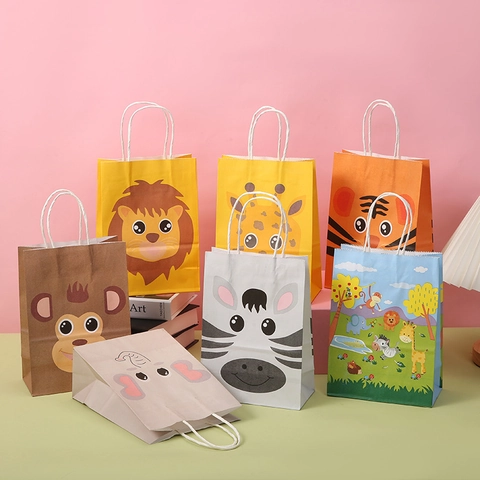 Cartoon Dier Kraftpapier Cadeauzakjes Met Gedraaide Touwhandvatten Schattige Olifant Leeuw Tijger Aap Zebra Patroon Draagtassen Voor Verjaardagsfeest Bruiloft Boodschappentassen