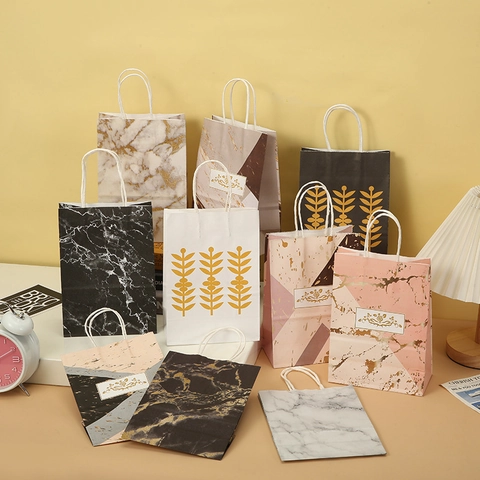 Bolsas de Regalo de Papel Con Patrón de Mármol Con Asas Bolsa de Embalaje de Lujo Estampado en Caliente para Boda Cumpleaños