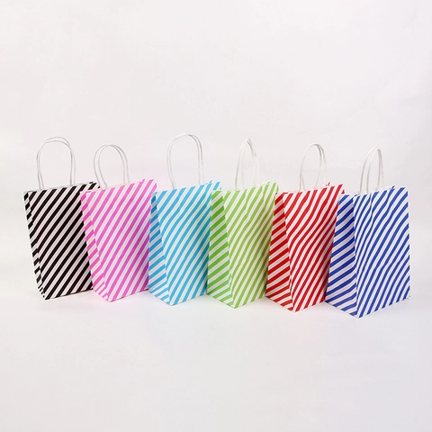 Diagonalstreifen Kraftpapier Geschenktüte Mit Gedrehten Griffen Für Hochzeit Party Geburtstag Shopping Verpackung Boutique Tasche
