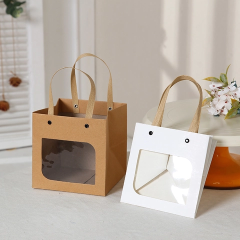 Minimalist Kraft Paper Gift Bag With Clear Window Handle Square Bottom Paper Packaging Bag For Party Wedding Favor Treat Bag