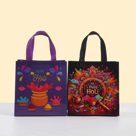 Happy Holi Non-Woven Gift Bags Coated Laminated Shopping Tote Bags For Holi Festival Party Favors Mandala Design Purple Black