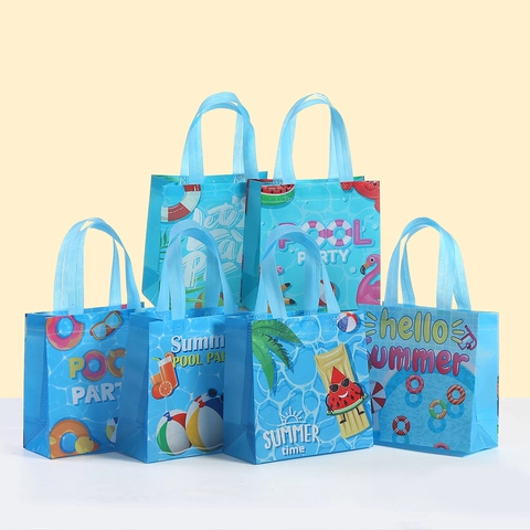 Summer Pool Party Waterproof Laminated Non-woven Tote Bag Cute Cartoon Beach Gift Packaging Bag Reusable Portable Shopping Bag