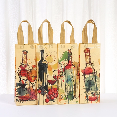 Artistic Non-Woven Wine Gift Bag Laminated Waterproof Single Bottle Carrying Bag Portable Party Holiday Gift Wrapping Bag