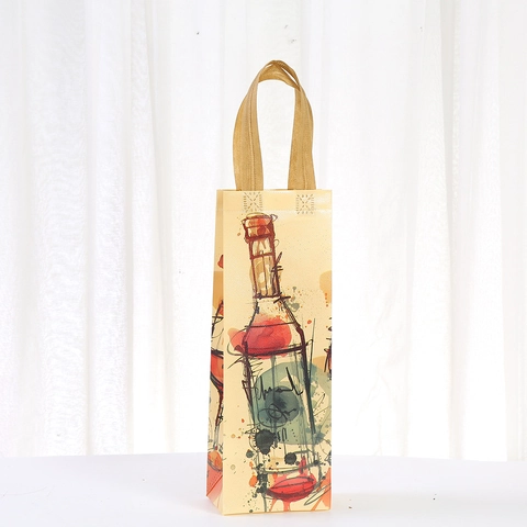 Artistic Non-Woven Wine Gift Bag Laminated Waterproof Single Bottle Carrying Bag Portable Party Holiday Gift Wrapping Bag