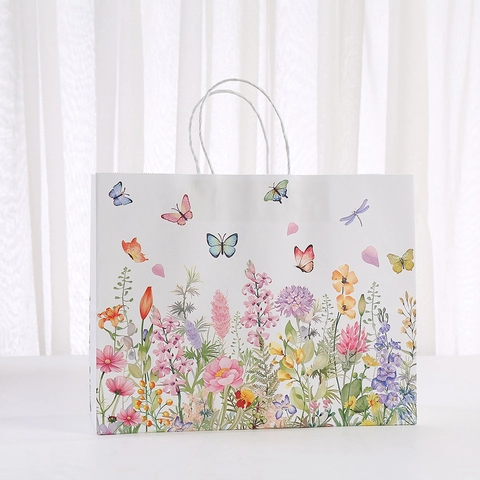 Aquarel Bloem Vlinder Print Kraft Papier Cadeautas Grote Capaciteit Draagbare Shopping Handtas Voor Bruiloft Verjaardagsfeest