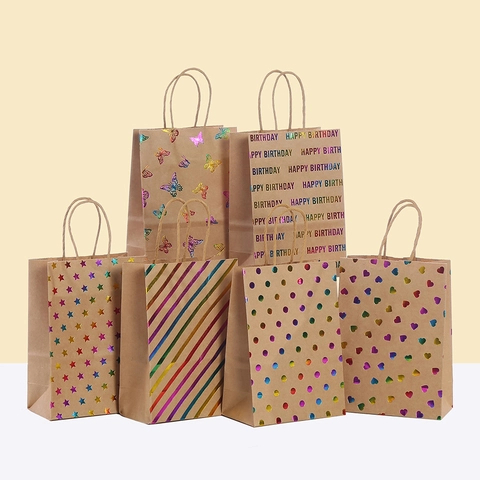 Kraft Paper Gift Bags With Handles Laser Hot Stamping Butterfly Heart Stars Pattern Birthday Party Candy Favor Bag
