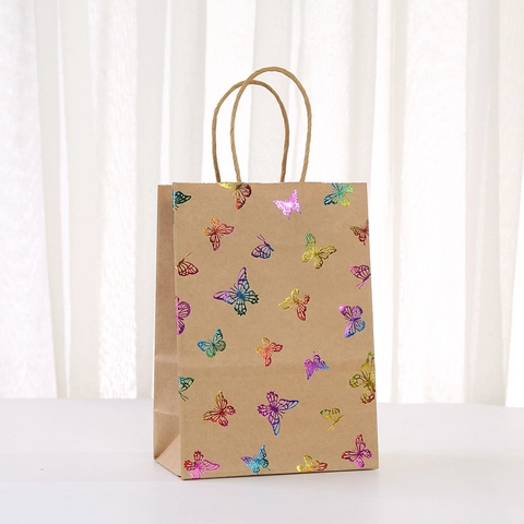 Kraft Paper Gift Bags With Colorful Hot Stamping Heart Stripe Star Pattern For Birthday Party Wedding Handheld Paper Bag