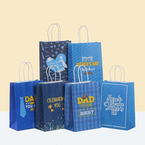 Blue Father's Day Kraft Paper Gift Bag With Handle Festival Gifting Bag For Dad Mustache Tie Pattern Party Favor Packing Bag