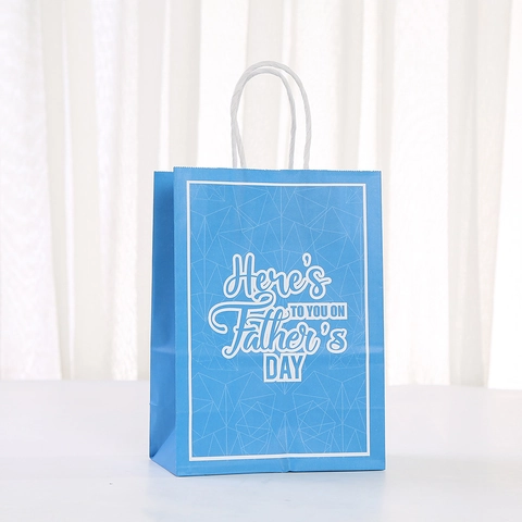 Blue Father's Day Kraft Paper Gift Bag With Handle Festival Gifting Bag For Dad Mustache Tie Pattern Party Favor Packing Bag