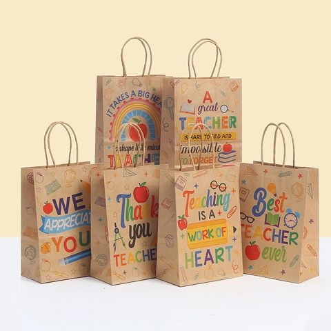 Kraft Paper Teacher's Day Gift Bag Handle Thank You Teacher Cartoon Print School Supplies Packaging Handbag For Party