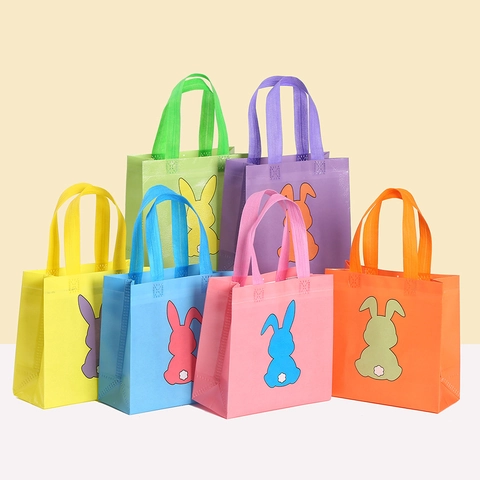 Bolsa de Mano de Tela no Tejida con Estampado de Conejo de Pascua Bolsas de Regalo con Patrón de Conejito de Dibujos Animados Coloridos Bolsa de Compras Reutilizable para Decoración de Fiestas