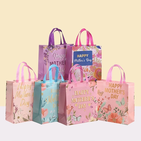 Muttertag Laminiert Vliesstoff Geschenktüte Blumen Schmetterling Muster Handtasche Einkaufsbeutel Für Feiertag Geschenkverpackung Aufbewahrung