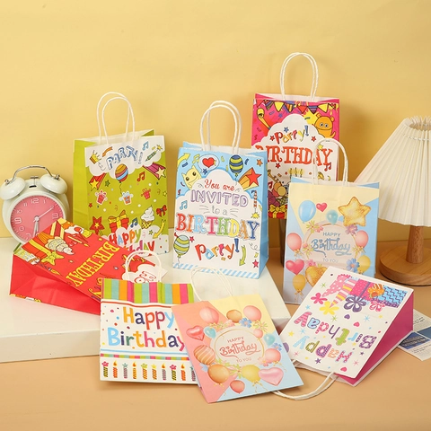 Birthday Party Kraft Paper Gift Bags Handheld Cartoon Balloon Cake Pattern Party Favor Packaging Bags For Kids Celebration